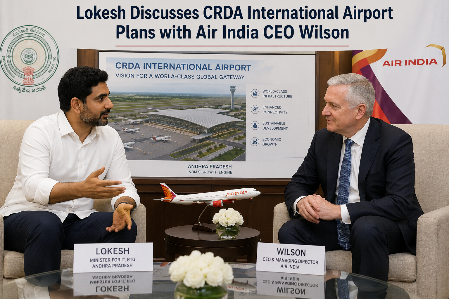 Lokesh Discusses CRDA International Airport Plans with Air India CEO Wilson